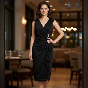 J. Taylor dress Chic Black Ruched Midi Dress with Pearl Detail A0138